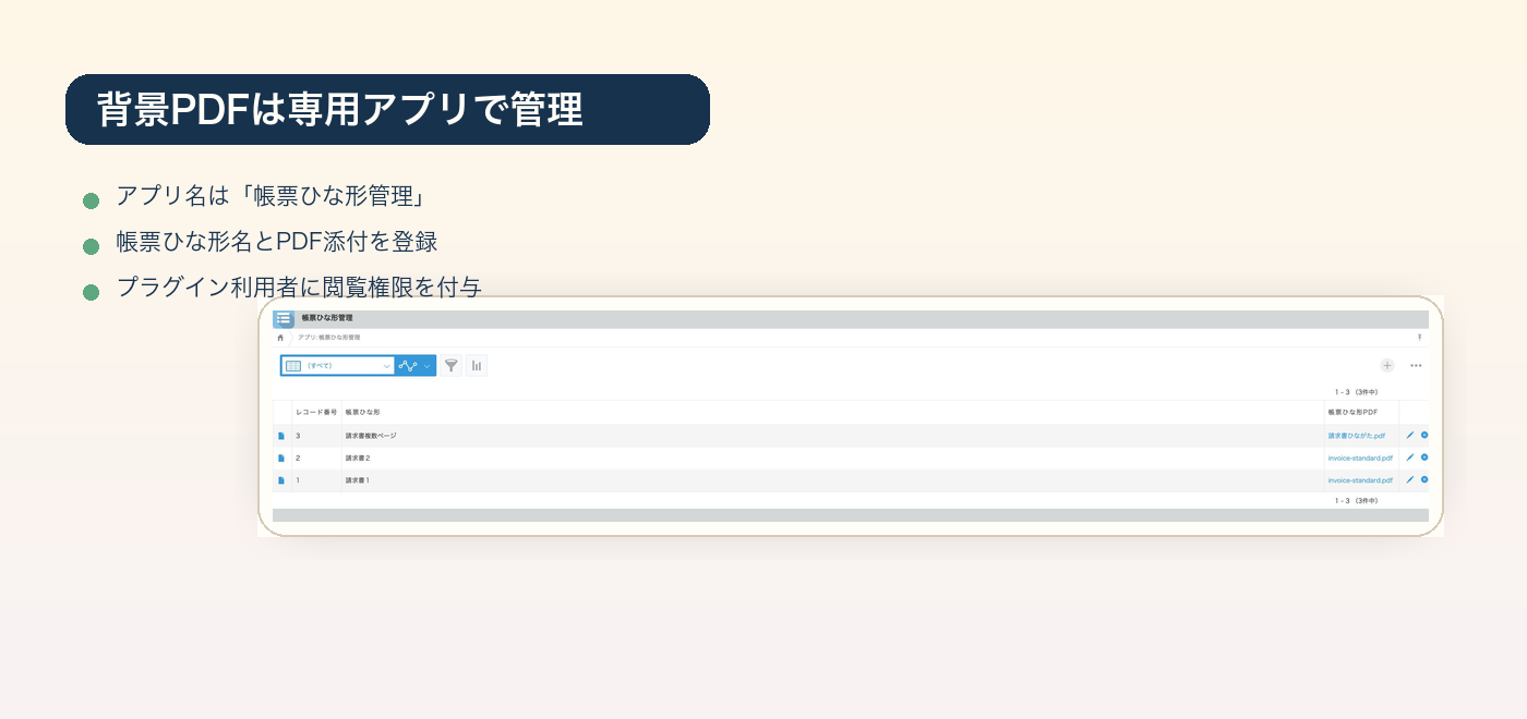背景PDFを帳票ひな形管理アプリで管理する実画面